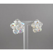 Load image into Gallery viewer, Vintage 1950s Signed Laguna Iridescent Clear Glass Cluster Clip On Earrings - AB Aurora Borealis Crystal Beads on Silver Filigree - Flower Design