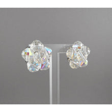 Load image into Gallery viewer, Excellent Vintage 1950s Signed Laguna Iridescent Clear Glass Cluster Clip On Earrings - AB Aurora Borealis Crystal Beads on Silver Filigree - Flower Design