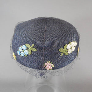 Vintage 1950s Evelyn Varon Exclusive Ladies Pillbox Hat - Navy Blue Straw with Net Veil and Flower Appliques - Easter Spring and Summer - Blue, Pink, Yellow, Green and Purple