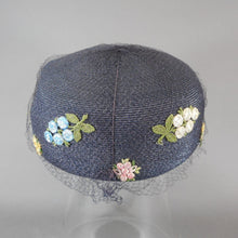 Load image into Gallery viewer, Vintage 1950s Evelyn Varon Exclusive Ladies Pillbox Hat - Navy Blue Straw with Net Veil and Flower Appliques - Easter Spring and Summer - Blue, Pink, Yellow, Green and Purple