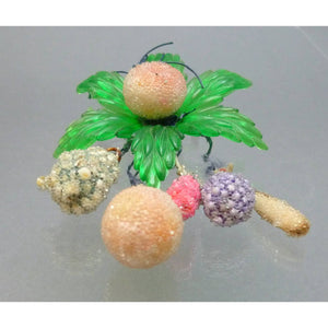 Vintage 1950s Retro Brooch - Lucite and Sugared Beads, Green Plastic Flower and Fruit
