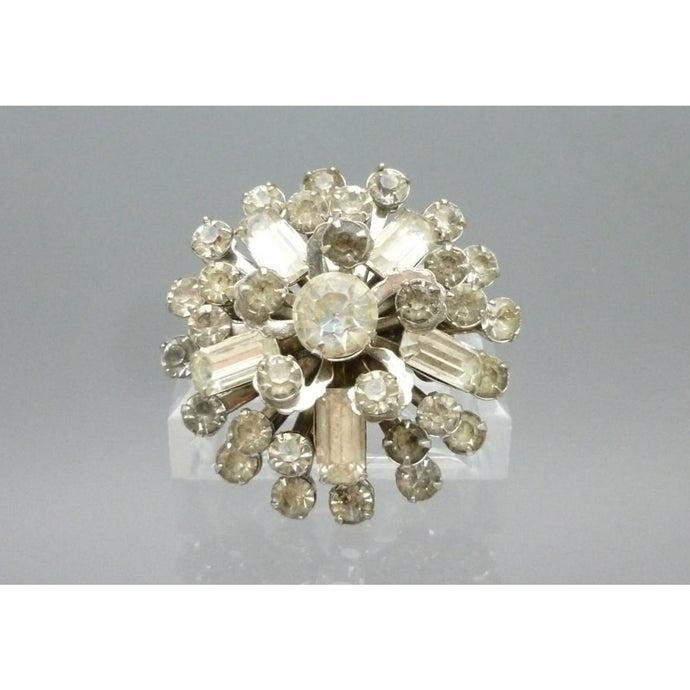 1950s Rhinestone Cluster Brooch Vintage Silver Tone Costume Jewelry Pin Round and Emerald Shape Stones