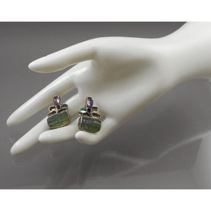 Vintage Handmade Modernist Design Clip On Earrings -  Signed YP - Sterling Silver with Natural Stones, Blue, Green, Purple