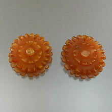 Load image into Gallery viewer, Pair of Vintage 1930s Bakelite Dress Clips - Marbled Apple Juice Carved Plastic - Flower Design - Simichrome Tested