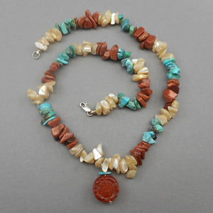 Vintage Nugget Bead Necklace Turquoise Stone Goldstone Glass Mother of Pearl MOP