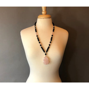 Vintage Carved Rose Quartz Pendant Necklace with Onyx or Black Glass Beads - Fruit and Leaf Design Medallion, Chinese, Asian Style - Pale Pink Stone, 14K Gold Filled and Black Beads