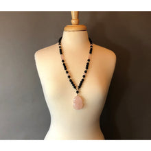 Load image into Gallery viewer, Vintage Carved Rose Quartz Pendant Necklace with Onyx or Black Glass Beads - Fruit and Leaf Design Medallion, Chinese, Asian Style - Pale Pink Stone, 14K Gold Filled and Black Beads