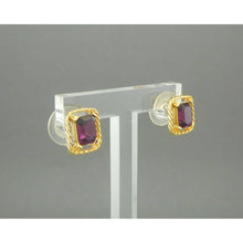 Load image into Gallery viewer, Vintage Faux Amethyst Pierced Post Stud Earrings Gold Tone Purple Rhinestones