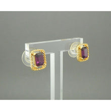 Load image into Gallery viewer, Vintage Faux Amethyst Pierced Post Stud Earrings Gold Tone Purple Rhinestones