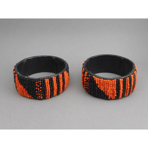 Pair of Vintage Zulu African Maasai Beaded Bracelets - Orange and Black Glass Seed Bead Stacking Bangles - Handmade Ethnic, Tribal, Jewelry