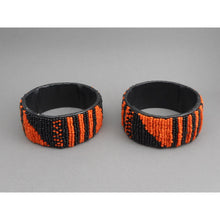 Load image into Gallery viewer, Pair of Vintage Zulu African Maasai Beaded Bracelets - Orange and Black Glass Seed Bead Stacking Bangles - Handmade Ethnic, Tribal, Jewelry