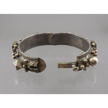 Load image into Gallery viewer, Antique Vintage Moroccan* or Middle Eastern* Bedouin Silver Bracelet - Large and Heavy Hinged Bangle with Box Closure - Etched Ornament and Bead Decorations - Old Handmade Ethnic, Tribal, Jewelry