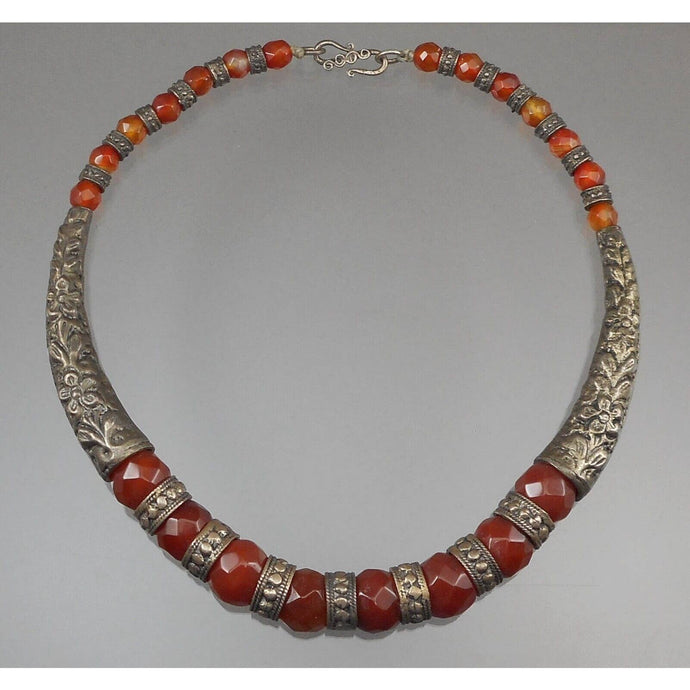 Vintage Handmade Syrian* Middle Eastern Necklace Red Quartz, possibly Carnelian Chalcedony Stone and Silver Metal Beads