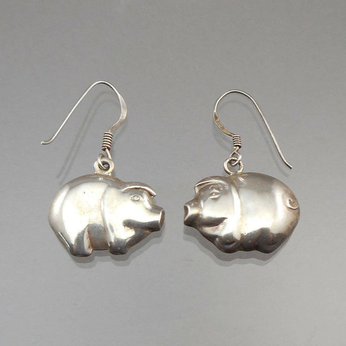 Vintage Sterling Silver Puffy Pig Dangle Earrings Wire for Pierced Ears Animals