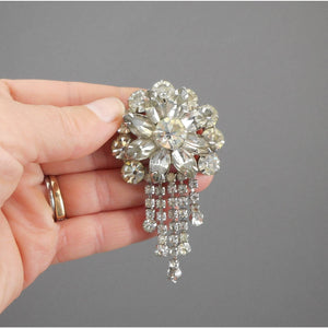 Large Vintage 1950s Rhinestone Dangle Brooch / Pendant - Flower Pin with Chain Fringe - Silver Tone, Clear Round and Marquise Stones