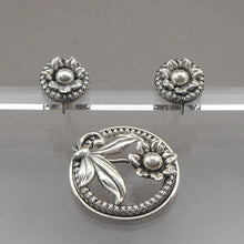 Load image into Gallery viewer, Vintage 1950s Danecraft Screw Back Earrings and Brooch Set - Sterling Silver with Daisies - Mid Century, Victorian Revival Style, Flower Design - Signed Designer Estate Collection Jewelry