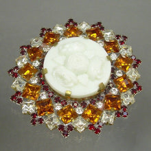 Load image into Gallery viewer, Large Antique or Vintage Czech Pressed Glass Floral Cameo Brooch with Roses - Gold Tone and Rhinestone Pin - Faux Topaz and Ruby Stones