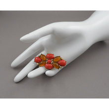 Load image into Gallery viewer, Vintage 1960s / 1970s Monet Brooch - Faux Coral, Amber Color Lucite Cabochons - Gold Tone Setting - Signed Designer Pin - Estate Collection Jewelry - Excellent Condition