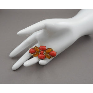 Vintage 1960s / 1970s Monet Brooch - Faux Coral, Amber Color Lucite Cabochons - Gold Tone Setting - Signed Designer Pin - Estate Collection Jewelry - Excellent Condition