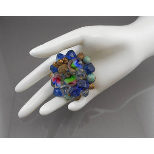 Large Vintage German Givre Glass Cluster Brooch - Carved Art Glass, Flocked Metal and Plastic Beads on Gold Tone Brass Filigree Pin - Blue Green Pink - West Germany