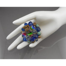 Load image into Gallery viewer, Large Vintage German Givre Glass Cluster Brooch - Carved Art Glass, Flocked Metal and Plastic Beads on Gold Tone Brass Filigree Pin - Blue Green Pink - West Germany