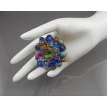 Load image into Gallery viewer, Large Vintage German Givre Glass Cluster Brooch - Carved Art Glass, Flocked Metal and Plastic Beads on Gold Tone Brass Filigree Pin - Blue Green Pink - West Germany
