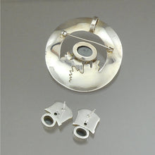 Load image into Gallery viewer, Vintage Artisan Crafted Hematite Sterling Silver Jewelry Set - Southwestern Style Brooch / Pendant and Earrings - Hand Made, Hematite, Sterling Silver and Gold Pin