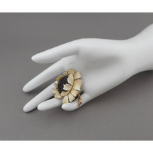 Load image into Gallery viewer, Vintage 1950s HAR Hargo Sunflower Brooch - Off White Enamel Flower Pin with Black Crystals / Rhinestones, Gold Tone - Mid Century Signed Designer Costume Jewelry