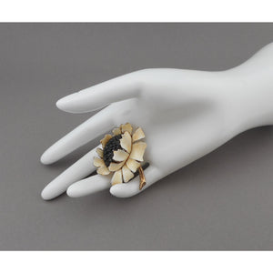 Vintage 1950s HAR Hargo Sunflower Brooch - Off White Enamel Flower Pin with Black Crystals / Rhinestones, Gold Tone - Mid Century Signed Designer Costume Jewelry
