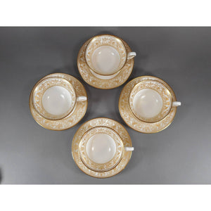 4 Wedgwood Bone China Cup and Saucer Sets - Florentine Pattern W4219, Gold Gilding on White - Dragons Griffins - Footed Teacup, Peony Shape - Old Green Urn Backstamp Mark - Excellent Estate Condition
