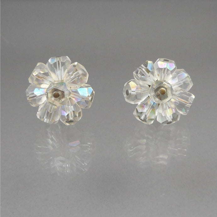 Vintage 1950s Iridescent Glass Cluster Clip On Earrings - AB Aurora Borealis Crystal Beads - Daisy Flower Design