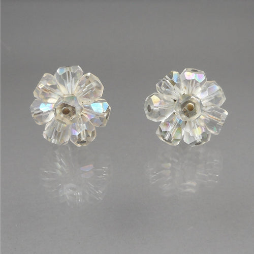 Vintage 1950s Iridescent Glass Cluster Clip On Earrings - AB Aurora Borealis Crystal Beads - Daisy Flower Design