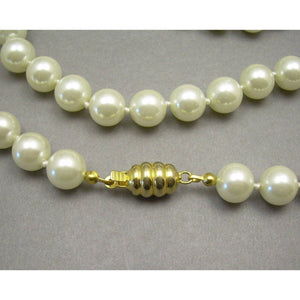 Vintage Opera Length Faux Pearl Strand Necklace - 32" String - 12mm White Glass Beads - Gold Tone Clasp