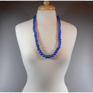 Handmade Matte Cobalt Blue "Sea" Glass Bead Necklace - Tumbled Texture Glass and White Cord - Opera Length, Large Scale, Bold Statement Piece