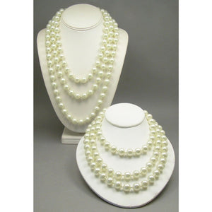 A Pair of Vintage Flapper Style Faux Pearl Strand Necklaces - 51" and a 65" Strings - 12mm Glass Beads - Gold Tone Clasps