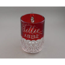 Load image into Gallery viewer, Large Antique 1892 Souvenir Ruby Red Flash Pressed Glass Etched Tillie Mug Cup