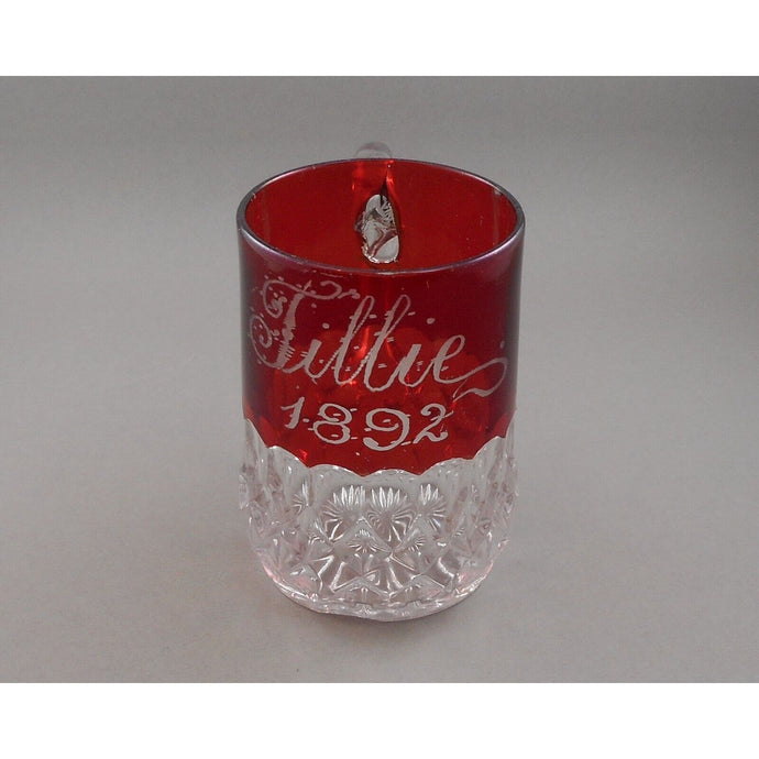 Large Antique 1892 Souvenir Ruby Red Flash Pressed Glass Etched Tillie Mug Cup