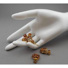Load image into Gallery viewer, Vintage 1950s Jewelry Set - Austrian Crystals or Rhinestones - Flower Bouquet Design Clip On Earrings and Brooch Pin - Faux Topaz, Gold Tone - Mid Century Estate Collection