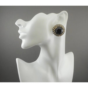 Large Vintage 1950s Clip On Statement Earrings - French Jet (Black Glass) and Rhinestones - Button Style