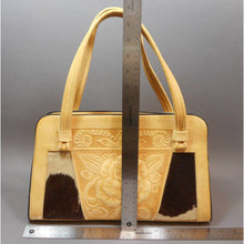Load image into Gallery viewer, Vintage 1970s Mexican Handbag - Hand Tooled Leather, Cow Hide, Mayan Calendar and Flower Designs - Large Top Handle Purse - Pale Yellow and Brown