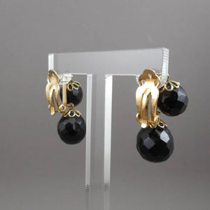 Vintage 1950s Signed Lewis Segal Dangle Earrings - Black Faceted Glass Beads, Gold Tone Filigree - Clip On
