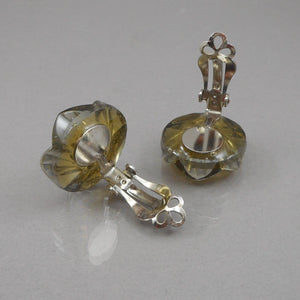 Vintage 1950s Button Style Clip Earrings Gold Black Silver Glass Flower Design