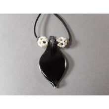 Load image into Gallery viewer, Vintage Murano Venetian Glass Leaf Pendant Necklace - with Stitched Baroque Seed Pearls on Black Suede Leather Cord - Black and White / Gold Aventurine and Silver Foil - Sterling Silver Findings - Estate Collection Jewelry