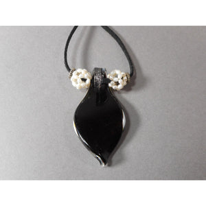 Vintage Murano Venetian Glass Leaf Pendant Necklace - with Stitched Baroque Seed Pearls on Black Suede Leather Cord - Black and White / Gold Aventurine and Silver Foil - Sterling Silver Findings - Estate Collection Jewelry