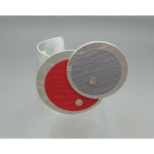 Load image into Gallery viewer, Vintage Modern Handmade Angeles Flor Argentinian Artisan Jewelry Cuff Bracelet - Silk and Recycled Aluminum Bracelet - Tagged CAC Store Circo Tierras - Silver Gray Red Fabric
