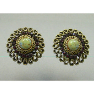Vintage 1950s HAR Hargo Earrings - Green Glass Cabochons, Faux Ruby Stones, Gold Tone Signed Designer Clip On