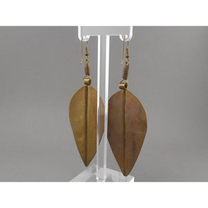 Vintage Kenyan African Brass Leaf Earrings - Large Dangle on French Wires - Engraved Decoration - Old Handmade Ethnic, Tribal, Jewelry