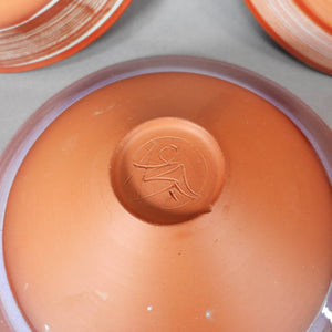 Arne Ase Ceramic Bowls, Set of 6 - Blue Green Pink Glaze, Terra Cotta Color Pottery - Norwegian Artist, Signed ASE