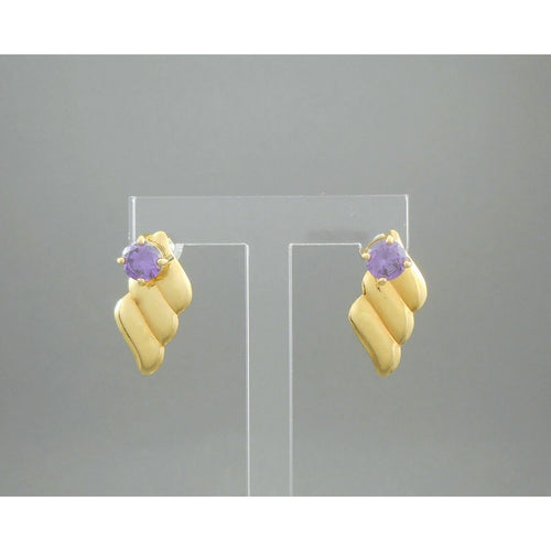 Vintage Faux Amethyst Pierced Post Stud Earrings Convertible Gold Tone Dangle Purple Crystal