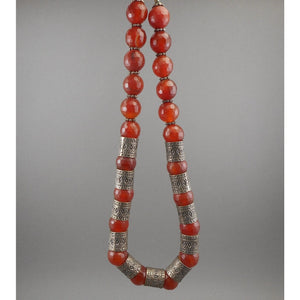 Vintage Handmade Syrian Middle East Necklace Red Quartz Carnelian Silver Beads